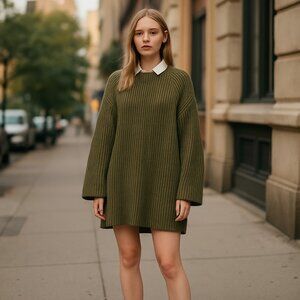 NWT Free People Boat Neck Tunic Sweater Small, CHIVE COMBO